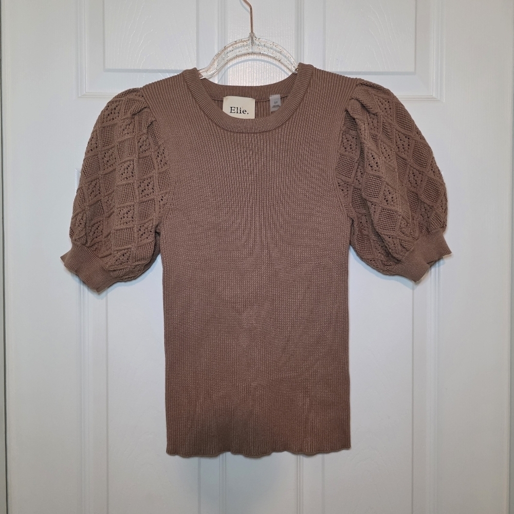 Elie Tahari Tan Ribbed Knit Puff Sleeve Sweater Top Size S Stretch Neutral